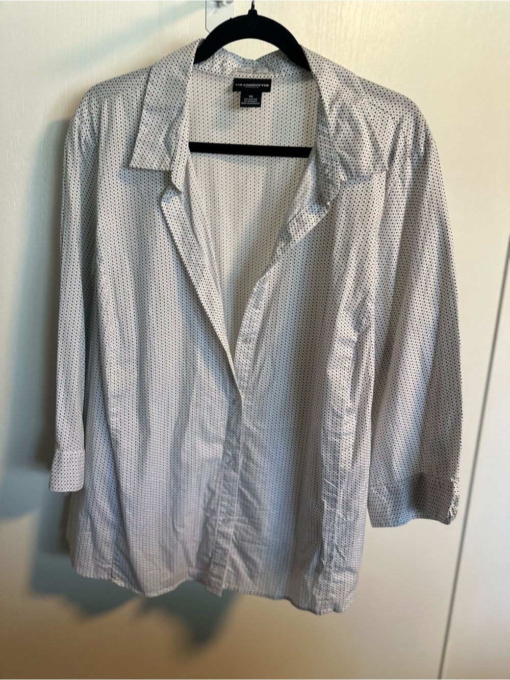 Liz Claiborne White Blouse with Black Micro Dot Pattern